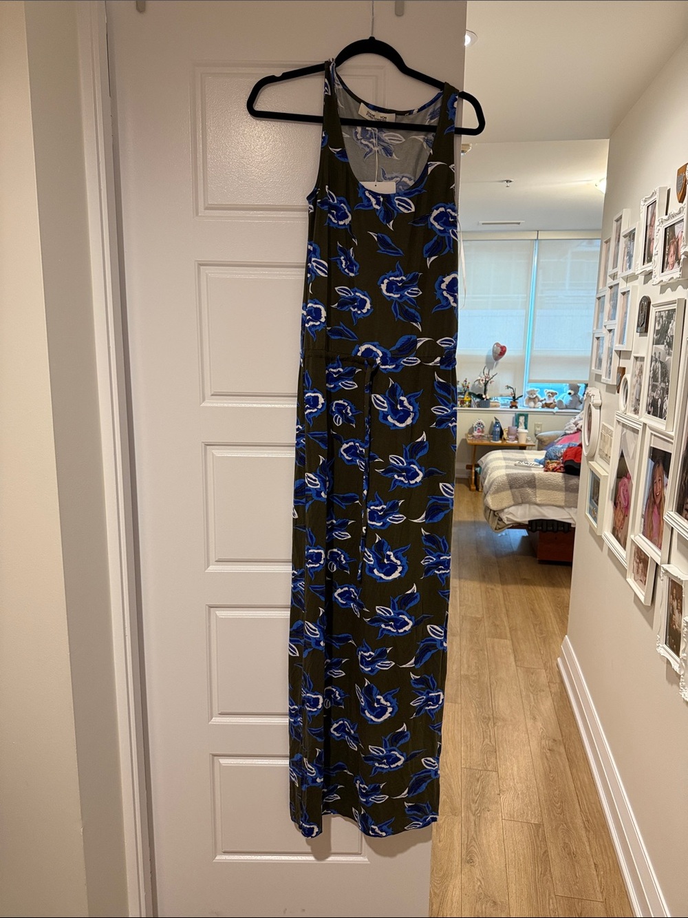 Diane Von Furstenberg Olive Maxi Dress with Bold Blue Floral